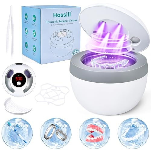 Hossili Ultrasonic Retainer Cleaner Machine, 45kHz 200ML Dental Cleaning Pod with 4 Wash Modes, Digital Timer for Denture Cleaner, Aligners, Mouth Guards, Braces, Jewelry & Toothbrush Heads (White)