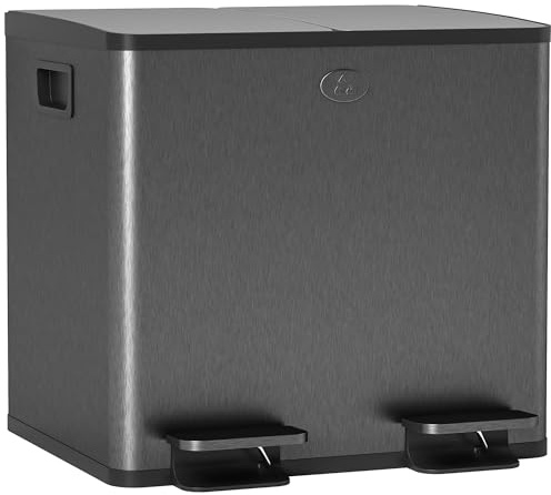 HOMCOM Cubo de basura 2 x 15 L de acero inoxidable, sistema de separación de basura con tapa de cierre suave, cubos interiores extraíbles, compartimentos desodorantes, cubos con pedal para apartamento
