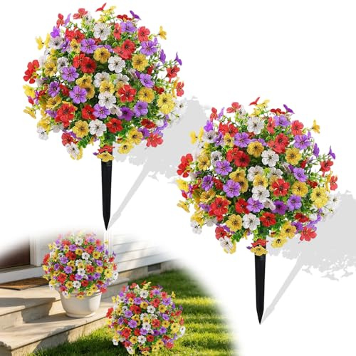 2Pcs 23 Artificial Topiary Ball Flowers Outdoor – UV Resistant Fake Plants with Ground Spike, Realistic Boxwood Bushes Trees for Spring Garden, Porch, Patio & Yard Decor (Mix colors (Style 2))