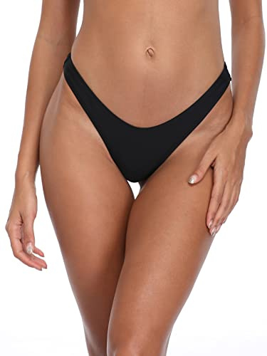 RELLECIGA Women's Black High Cut Thong Bikini Bottom Size Small