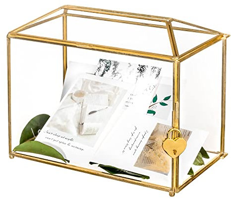 NCYP Glass Card Box with Slot and Lock for Wedding, Party Reception, Keepsake - Small 26x15x20.3 CM Geometric Decor, Gold - Slot Length 16 CM (Glass Box Only)
