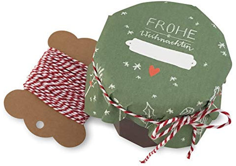25 Marmeladendeckchen - Frohe Weihnachten - Gläserdeckchen grün rot für Marmelade, Marmeladengläser & Einmachgläser, Recyclingpapier Abreißblock + 10 m Garn + Justiergummi