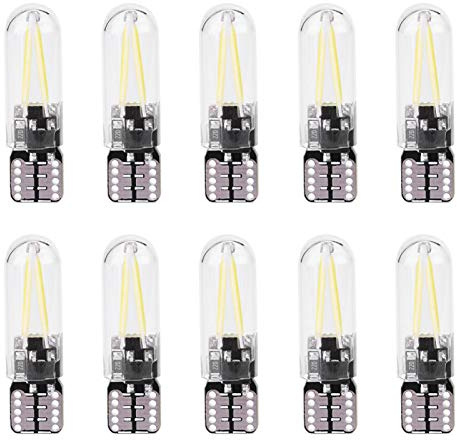 Bombilla LED de Vidrio para Coche, 10 Piezas 12V W5W COB Filamento Luz Blanca para Placa de matrícula Luz de Domo Luz de Mapa Luz de circulación Diurna Luz de Marcador Lateral Luz de Freno(Blanco)