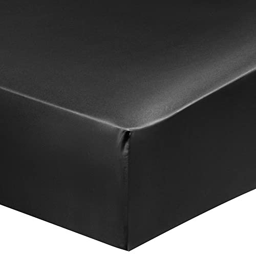 PiccoCasa Spannbettlaken Satin Bettlaken 200x200cm Spannbetttuch bis 35cm Topperhöhe mit Gummiband Schwarz 200x200x35cm