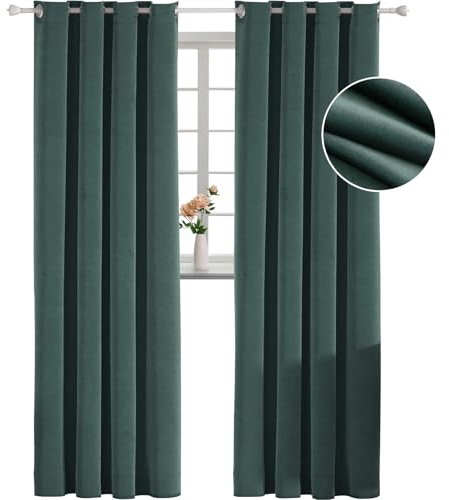 YSTELLAA Tenda 100% Oscurante Da Interno 2 Pezzi, 140×280cm, Tenda Velluto Fonoassorbenti, Tende Termiche Isolanti Per Interni, Con Anelli, Moderne, Per Camera Da Letto, Verde