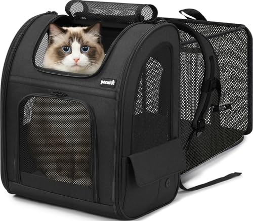 Pecute Sac Transport Chat Chiots Extensible Sac Dos pour Chien Petit Animal avec Matelas en Peluche Amovible, Filet Respirant, Spacieux, Pliable, pour Voyage en Train/Voiture/Restaurant