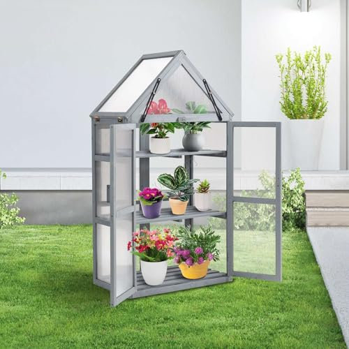 BIRCHTREE Large 3 Tier Outdoor Cold Frame Wooden Greenhouse Growhouse Cupboard Transparent Polycarbonate Board Weather Protection Openable Roof Flower Vegetable Planting Growth Grey