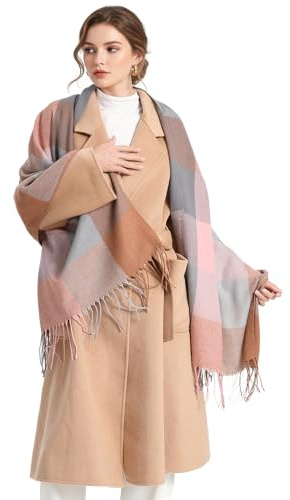 Miss Lulu Echarpes Femme Hiver Chaud en Carreaux Doux Foulard Châle écharpe épais Pull Châle Mode écharpe Longue Grand Unisexe Tartan Poncho Vintage Multicolore (Rose et Marron)