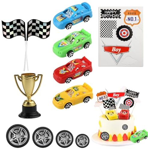 OMIGA Decorazioni Torta Compleanno 20 Pezzi Set per Bambini Ragazzo Elementi da Corsa Torta Finta Compleanno Festa Topper
