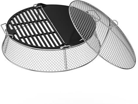 Onlyfire eldstad i rostfritt stål gnistskydd med gjutjärnsgrillplatta för Solo Stove Bonfire 49,5 cm eldskål, gnisthuv, runt eldstadsgaller för utomhusbruk, bakgård