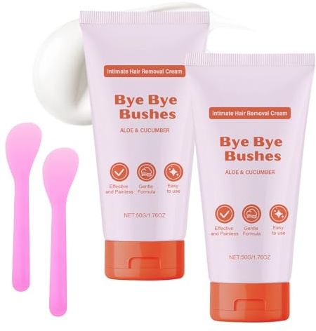 Bye Bye Bush Hair Removal Cream - Sensitive Skin Depilatory Cream - Flawless Hair Remover for Women & Men - Rapid Underarm & Chest Hair Removal - Travel Size Vegan Formula with Aloe Vera 2PCS