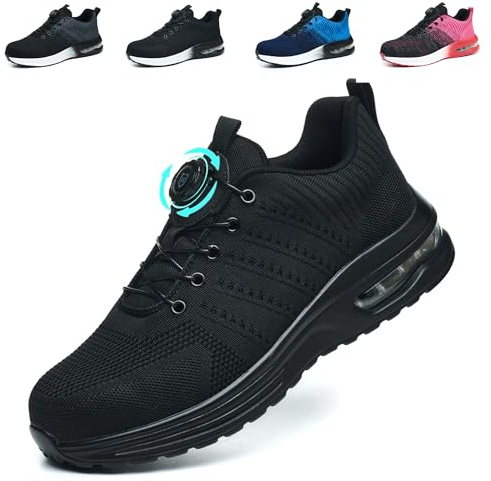 Safety Trainers Men Women Steel Toe Cap Work Shoes Lightweight Breathable Safety Shoes Non Slip Work Trainers with Swivel Buckle Shoelaces, Black, UK 8