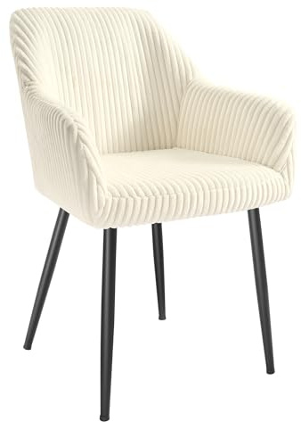 SONGMICS Chaise Salle à Manger, Chaise de Cuisine, en Velours Côtelé, Rembourrée, Accoudoirs, Charge Max. 120 kg, Pieds en Métal, pour Salle à Manger, Blanc Crème et Noir Mat LDC087WD01