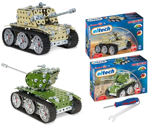 Eitech Juego de construcción de metal – Juego de 2 tanques de juguete ArmyGreen y amarillo arena, modelo para niños y niñas, regalo para niños 8, 9 y 10 años, juguete de motricidad