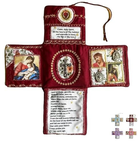 Devocional de bolsillo hecho a mano, edición de fe, kit de oración de viaje católico de 10 pulgadas con cruz, bolsa de tela plegable en forma de cruz, imágenes de santos y oraciones españolas, regalo