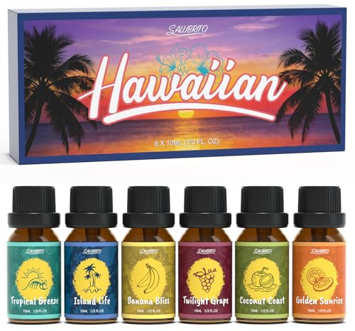 SALUBRITO Hawaii Essential Oil Set for Diffuser, Home, Summer Strong Scented Oil for Soap, Candle Making, Tropical Breeze, Island Life, Banana Bliss, Twilight Grape, Coconut Coast, Golden Sunrise
