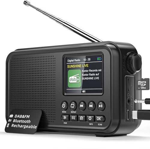 Tragbares DAB+ Radio mit Bluetooth, UKW/DAB Digitalradio mit 2,4 Farbdisplay, 80 Senderspeicher, 3000mah Akku oder Netzbetrieb, Support TF-Karte/Wecker/Sleeptimer/Klinken, Für Küche, Camping, Garten