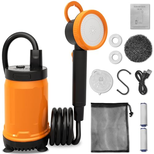 Camping Shower [8000 mAh] Camping Shower with Pump and Temperature Display, 10 L/min Mobile Shower with Shower Head and 2 m Hose for Garden, Car Washing, Beach, Travel, Camping Set for Dog Shower