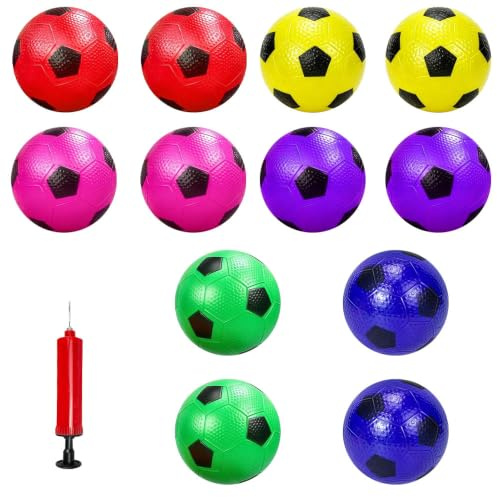 JOAASU Small Football for Kids, 12 Pcs Inflatable PVC Footballs with Pump, 10 cm Soft Sports Balls, Mini Footballs in 6 Colours for Indoor, Outdoor, Playground, Park, Beach and Pool