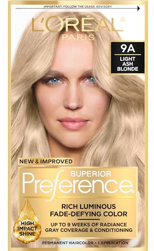 L'Oreal Paris Superior Preference Luminous Fade-Defying Permanent Hair Color, Hair Dye For Up to 9 Weeks of Radiance, Light Ash Blonde 9A, 1 Hair Dye Kit