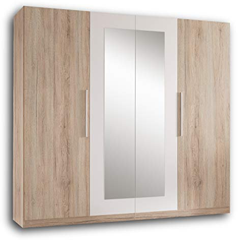 Stella Trading MARTINA Schlichter Kleiderschrank 4-türig - Vielseitiger Drehtürenschrank mit zwei Spiegeltüren in Eiche San Remo Optik, weiß - 228 x 213 x 59 cm (B/H/T)