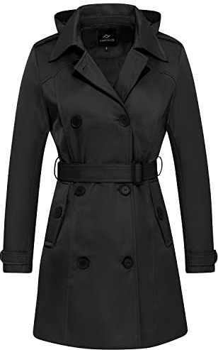 FARVALUE Women's Waterproof Trench Coat Double Breasted Windbreaker Classic Belted Lapel Overcoat with Removable Hood Black Medium