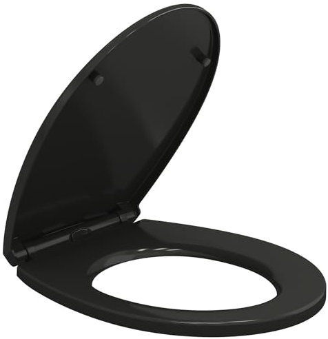 Soft Close Black Toilet Seat Standard Loo Seat with Top & Bottom Fixing Quick Release and Adjustable Hinges O Shape Lid Cover PP