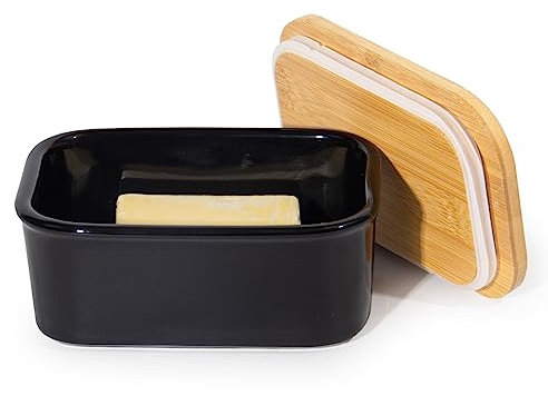 Theo&Cleo Mantequillera de cerámica con tapa de madera, 250 g de almacenamiento de mantequilla, porcelana vintage (negro)