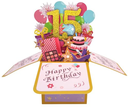 Happy 15th Birthday Pop Up-kort för flickor, 15 år, presentidé till födelsedag för flicka, barnbarn, roligt 15-årsdagskort, 3D-önskekort för henne