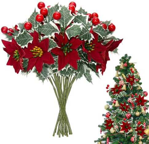 canddy 12-pack konstgjorda julstjärnor blommor med röda bär och gröna blad, 30 cm jul lövverk stjälkar röd julstjärna blommig bukett för hemmafest högtidsdekor