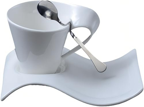 LEPEVNEY Ensemble de tasses à cappuccino (300 ml) avec soucoupes en forme de vague avec cuillère et soucoupe – Parfait pour le latte, le café et le cappuccino