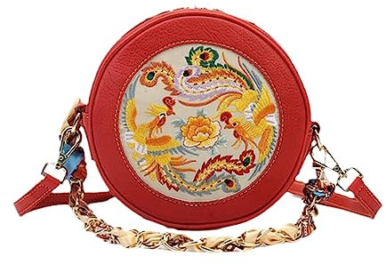 EOTRERANQ Sacs messagers circulaires brodés for Femmes, Sac à Main en Cuir PU de Style Ethnique Chinois, Sac à bandoulière croisé(Rot,Length+lt;20cm)
