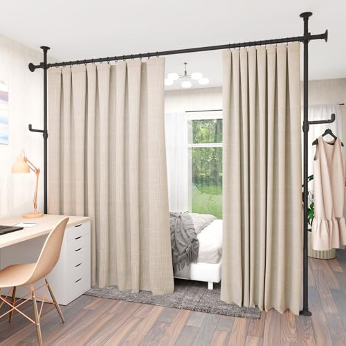 KELIXU Room Divider Curtain Rod No Drilling, 4-10ft (W) x 4-10ft (H) Room Partition with Hanging Hooks, Floor to Ceiling Divider for Room Separation, Adjustable Heavy Duty Tension Rods, Black