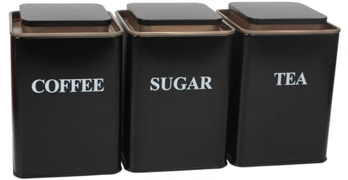 Hylruu Recipientes para té, café y azúcar, 3 piezas de lata cuadrada de metal para almacenamiento de alimentos, juego de recipientes negros de 1400 ml con bandeja de metal, recipientes de