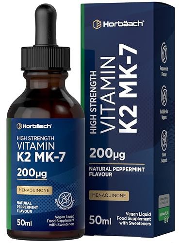 Vitamin K2 MK7 Drops 200ug | 50 ml | High Strength Vitamin K2 as Menaquinone MK7 | Peppermint Flavour | Vegan Liquid Food Supplement | by Horbaach