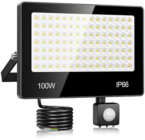 LAMLAMCK Faretto LED da Esterno Con Sensore Di Movimento 100W - 10000LM 6500K Bianco Faro LED Esterno Con Sensore Movimento, IP66 Impermeabile Luce Di Sicurezza per Cortile, Giardino, Garage