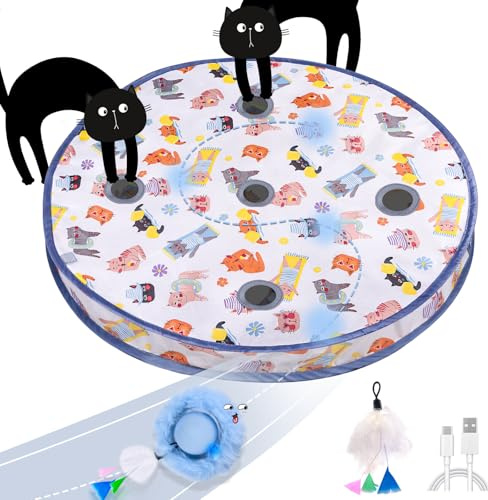 GoldenSun Cat Toys, Interactive Cat Toy for Indoor Cats, Automatic Random Rolling Ball Kitten Toys in Pouch, Hide and Seek for Indoor Cats Adult, USB Rechargeable, 5 Holes Mat Mouse Catching Game