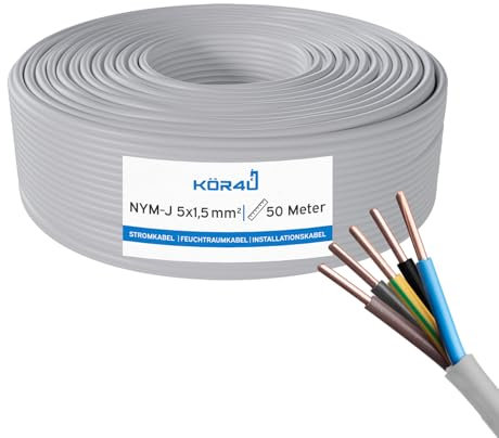 kör4u NYM-J 5 x 1,5 mm² - 50 m, cavo di installazione, cavo di alimentazione per installazione elettrica, cavo per ambienti umidi, DIN VDE 0250-204