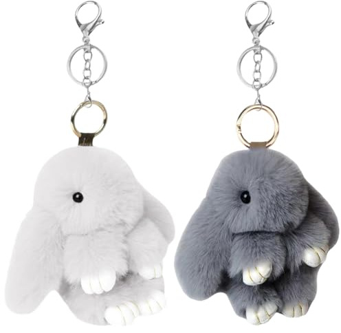 2PCS Adorable Porte-clés Lapin en plush,Clés En Fausse Fourrure Porte Clés Mignon En Peluche Lapin Porte,Décoration de Pompon en Peluche (Gris et Gris Clair)