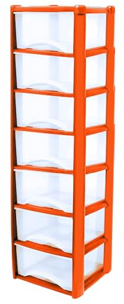Neat. 7 Plastic Storage Drawers Unit with See-Through Drawers, Compact Vertical Design – Durable Plastic, Ideal for Organizing Office Crafts, and Household Items, 140cm x L39cm x W39cm -Orange