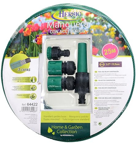HERSIG - Manguera Jardin - Manguera Jardin 25 Metros (Verde 3/4” Ø19 mm) - Mangueras de Agua con 3 Capas - Presión 7 BAR - Mangueras de Jardín Flexible y Resistente con Accesorio - Uso Exterior