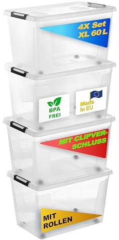 Gardissimo 4 er Set Aufbewahrungsbox mit Deckel und Rollen 60 Liter, Kunststoff Boxen Stapelboxen Plastik, MADE IN Europe, Clip-Verschluss, BPA-frei transparent/durchsichtig
