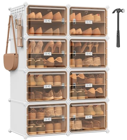 SONGMICS Scarpiera 8 Scomparti, Scarpiera Componibile Ingresso, 30 x 45 x 30 cm per Scomparto, Ante Trasparenti, Metallo, 32 Paia, Camera da letto, Bianco Nuvola e Marrone Trasparente LPC054WH01