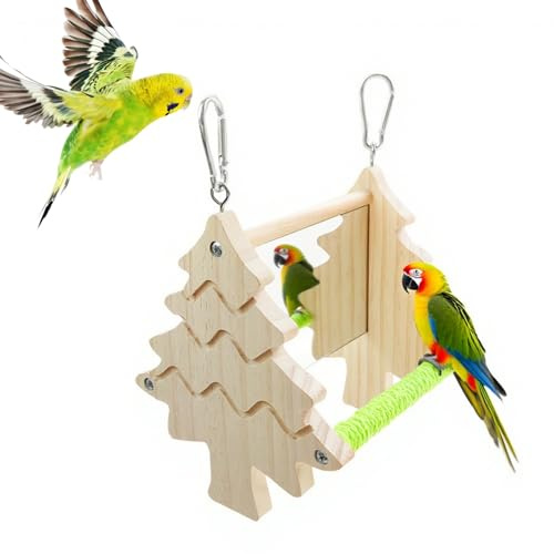 Boutihao Miroir avec Perchoir en Bois pour Oiseau, Jouet pour Cage, Parrot Double Face Miroir Perche Décor de Jouet Swing Suspendu en Bois, Oiseau d'animal Familier Stand Perch