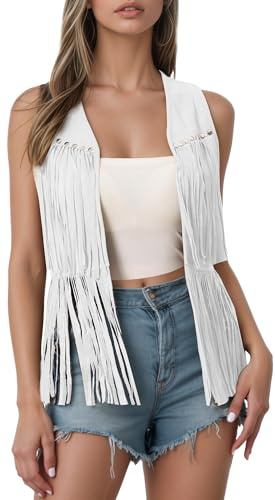 Maeau - Veste Gilet Femme Daim Synthétique avec Franges Rivets Style Bohème Haut Sans Manches Western Style Hippie M Blanc