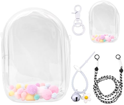 Tinoaly Vitrina Transparente Exhibir Figuras, Funda Protectora para Muñecos Peluche Bolsa de Almacenamiento Bandolera Portátil Colgar Protector & Llavero para Accesorios Muñecas 15cm/17cm (Blanco)