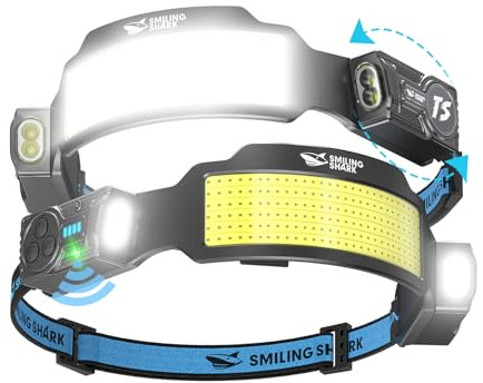 Smiling Shark Linterna Frontal, 2 Piezas Brillante Linternas Cabeza LED Recargable con 6 Haz Ancho & Foco Ajustable Sensor de Movimiento 6 Modos 2400 mAh Lámpara Cabeza para Ciclismo Pesca Camping