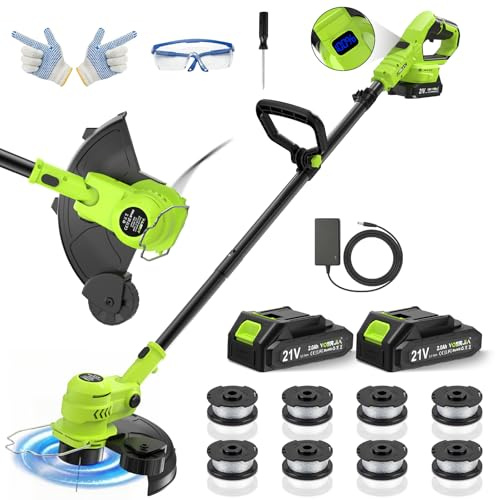 VOERJIA Débroussailleuse Électrique sans Fil 21V avec Écran LCD, Coupe-Bordure à Roues (30cm), Avancement Automatique du Fil, 8 Bobines Incluses, Tête Réglable et Multifonction. (Set Jardin Pro)