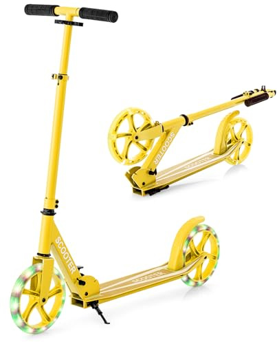 COSTWAY Vikbar sparkcykel, höjdjusterbar, cityroller, 100 kg bärkapacitet, sport kickscooter, kickscooter med 2 LED-hjul och ABEC-7 kullager (gul)