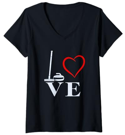 Femme Love Curling Balai et Pierre à friser en Forme de cœur pour Sports d'hiver T-Shirt avec Col en V